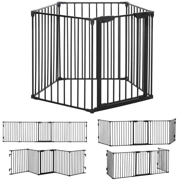 PawHut Poartă pentru Câini de Talie Mică și Medie, Țarc Pliabil cu Structură Modulară cu 5 Panouri, 300x3x74.5 cm, Negru | Aosom Romania