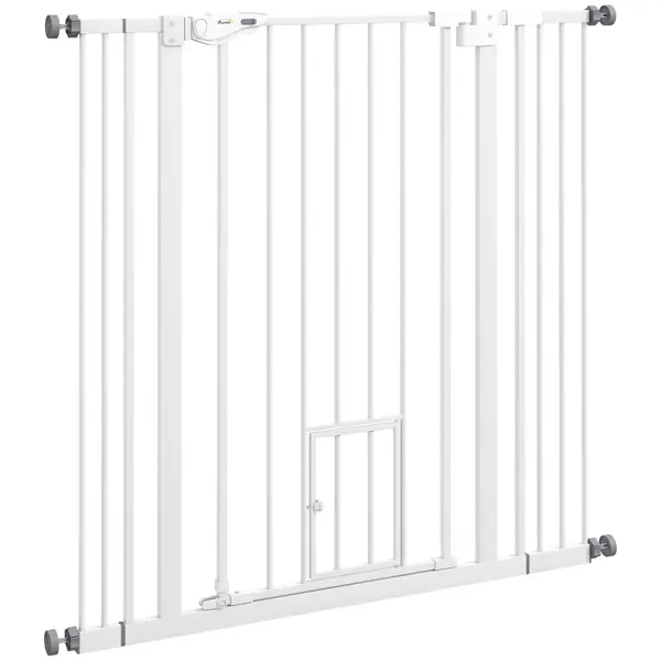 PawHut Poartă Reglabilă pentru Câini Înaltă cu Ușă Mică și Închidere Automată, 74-101x104cm, Alb | Aosom Romania