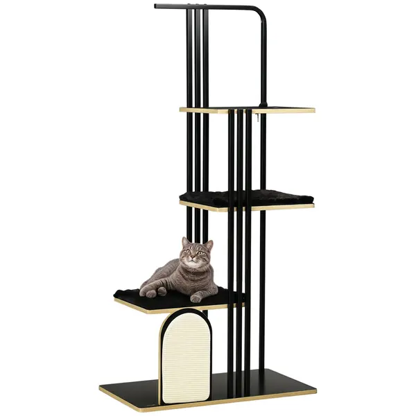 PawHut Pom de Joaca, Design Industrial, 3 Platforme, 2 Perne de Dormit, Placa de Zgariat, Structura din Otel, negru, 85 x 48 x 170 cm | Aosom Romania