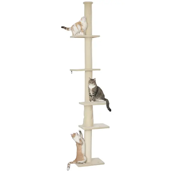 PawHut Pom de zgâriere, înălțime ajustabilă 225-275 cm, bază stabilă, protecție împotriva răsturnării, husă de pluș, Crem | Aosom Romania