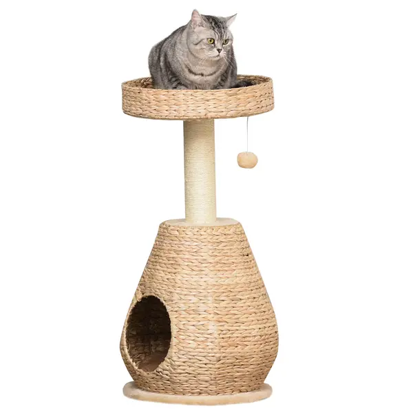 PawHut Pom de Zgariere pentru Pisici Kätzchen Möbel cu Cuib pentru Pisici Jucărie pentru Bile Sisal Pluș Moale Înălțime 82,5 cm Galben | Aosom Romania