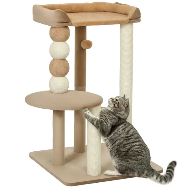 PawHut Pom de zgârieturi cu 2 etaje, minge de joc, stâlpi de zgârieturi, bile de zgârieturi, până la 7 kg, 56 x 54 x 86 cm, Maro | Aosom Romania