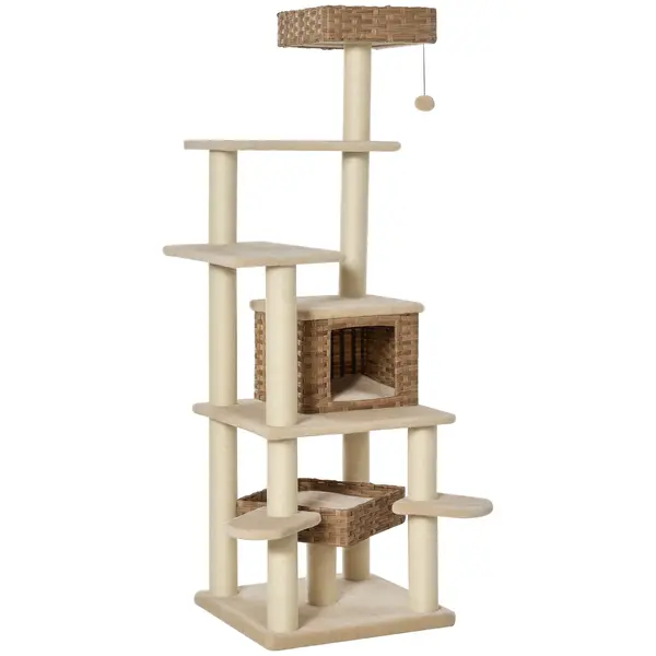 PawHut Săculeț de zgâriat din ratan cu căsuță pentru pisici Săculeț de pisici cu mai multe etaje Kletterbaum pentru pisici E1 MDF Sisal Bej+Maro 55 x 55 x 174 cm | Aosom Romania
