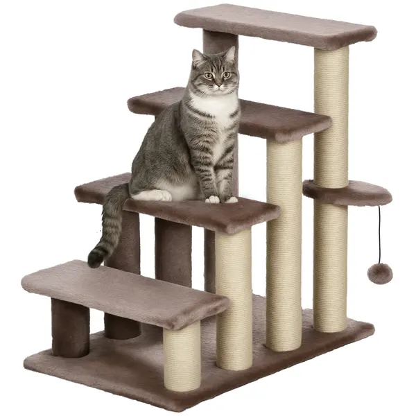 PawHut Scara pentru animale de companie, casa pentru zgâriere, 4 trepte, pentru animale cu o greutate de până la 5 kg, 60x40x64cm, Maro | Aosom Romania
