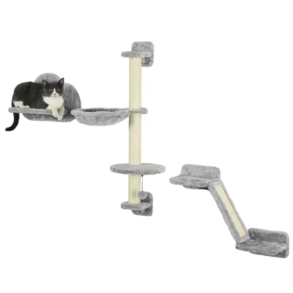 PawHut Set de 3 piese Cățărat pe Perete pentru Pisici cu Hamac Rampă cu Zgârietor Platformă în Formă de Nor Gri | Aosom Romania
