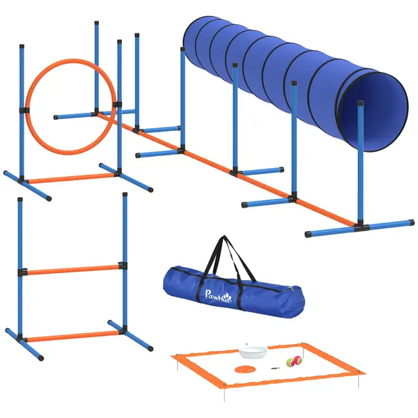 PawHut Set de antrenament Agility pentru câini, set de 8 piese cu tunel, stâlpi de slalom, obstacole reglabile, cerc de sărituri, bol | Aosom Romania