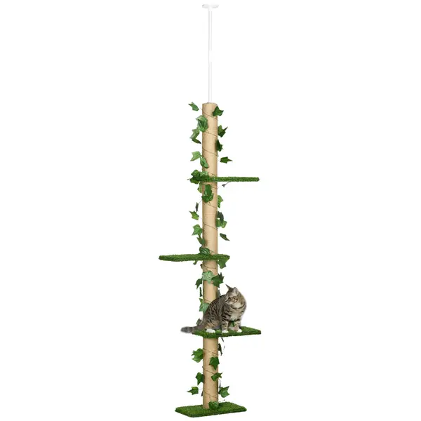 PawHut Stâlp Înalt pentru Pisici cu Tijă de Tensionare din Iută cu Frunze, 37x21x202-242 cm, Verde | Aosom Romania