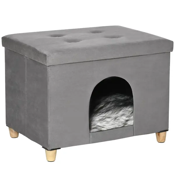 PawHut Taburet pentru Pisici cu Pernă Detașabilă și Lavabilă, Taburet cu Pat și Picioare, 60x45x44.5 cm, Gri | Aosom Romania