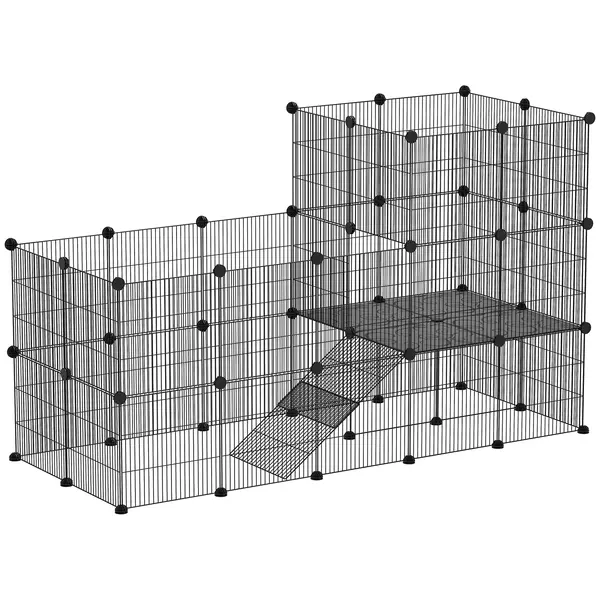 PawHut Țarc Modular pentru Animale de Companie de Talie Mică, cu 39 de Panouri și Accesorii, 140x70x105 cm, Negru | Aosom Romania