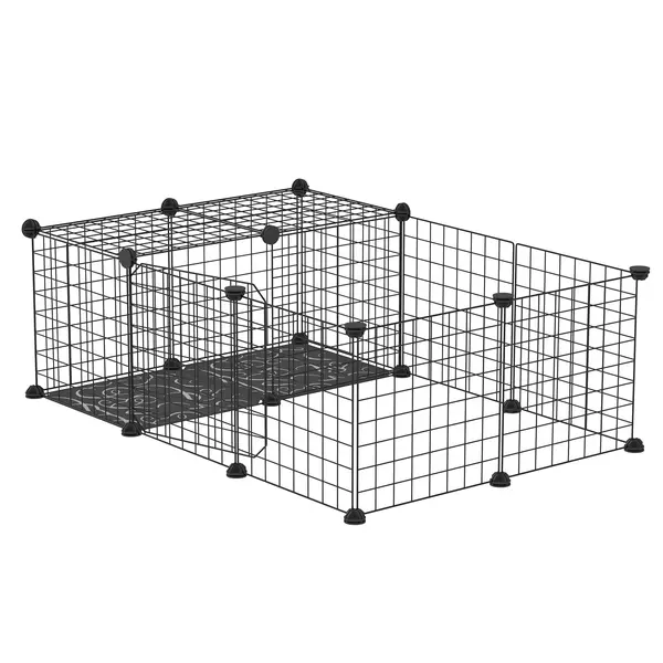 PawHut Țarc Modular pentru Iepuri și Porcușori de Guineea, cu Accesorii, 105x70x35 cm, Negru | Aosom Romania