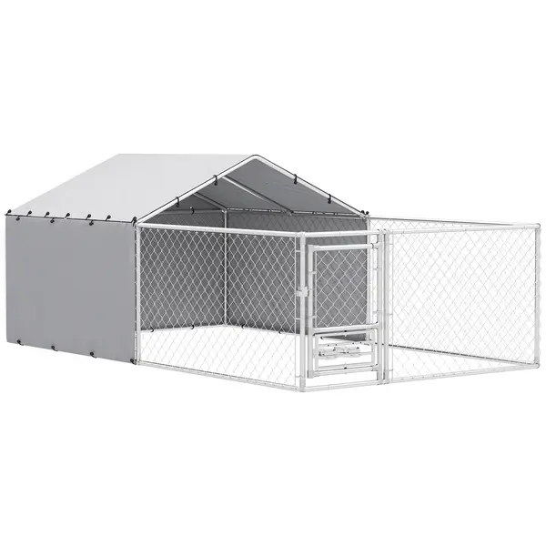 PawHut Țarc pentru Câini de Exterior cu Acoperiș Anti-UV Impermeabil și Boluri Rotative, 400x230x150 cm, Argintiu | Aosom Romania