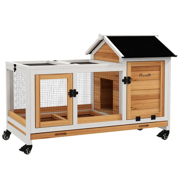PawHut Tarc pentru iepuri pe roți 2 uși cu zăvoare, 108 x 58 x 73,5 cm, lemn masiv galben | Aosom Romania