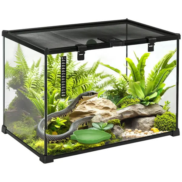 PawHut Terariu Înălțat pentru Reptile cu Încuietoare și Ușă pentru Hrănire, 50x30x35 cm, Negru | Aosom Romania