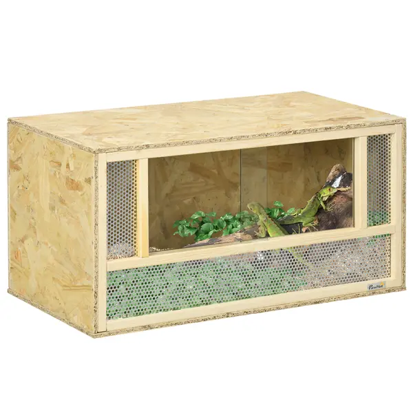 PawHut Terariu pentru Reptile cu Uși din Sticlă Glisante și Panouri din Plasă, 40x80x40 cm, Lemn Natural | Aosom Romania