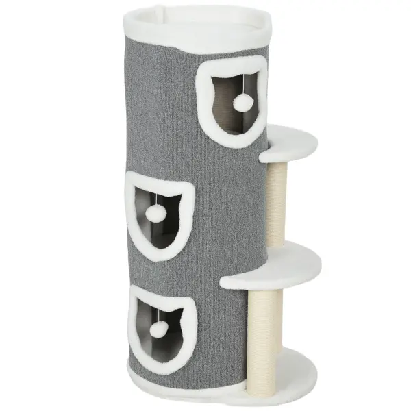 PawHut Turn pentru pisici cu 4 niveluri copac stabil pentru pisici cu stâlpi de zgâriat din sisal și margine din pluș 2 platforme 50x36x101cm gri | Aosom Romania