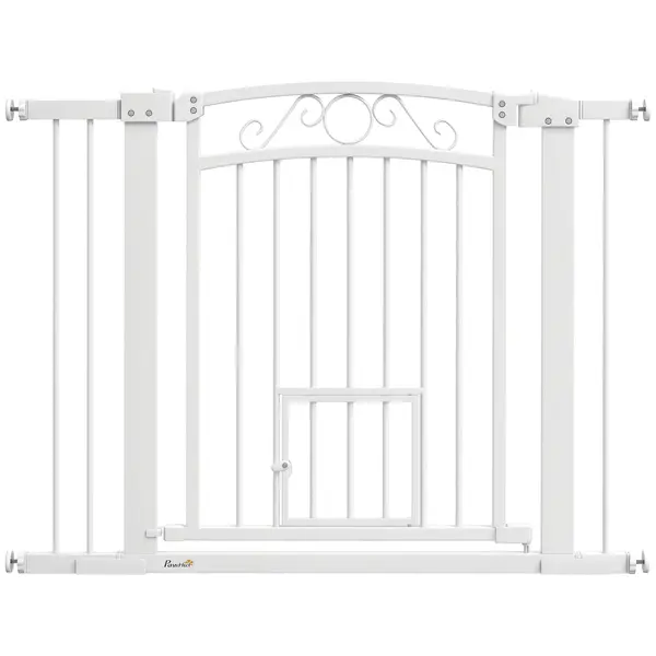 PawHut Ușă de Siguranță pentru Câini de Interior cu 2 Extensii și Ușiță pentru Pisici, 76-104x77 cm, Alb | Aosom Romania