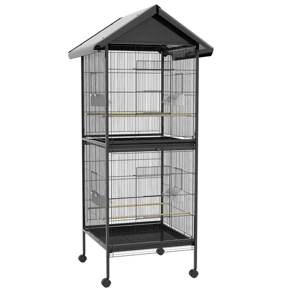 PawHut Volieră pentru Păsări cu Roți, Tăvi Detașabile din Plastic și Stinghii, Colivie pentru Canari din Metal, 168 cm, Negru | Aosom Romania