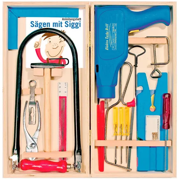 Pebaro Pebaro 455, Set traforaj in cutie de lemn + masina de gaurit + unelte