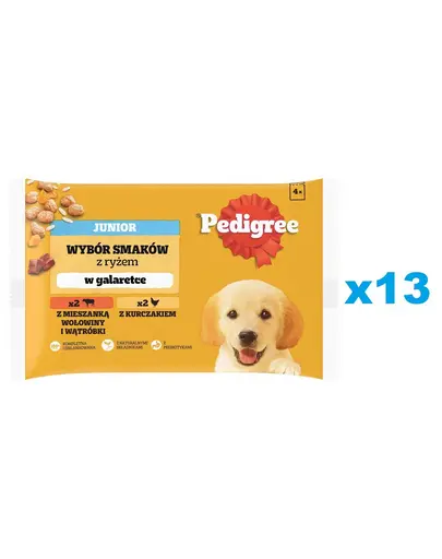 PEDIGREE Junior Set plicuri hrana catei, cu vita si ficat si orez, cu pui si orez, in aspic 52x100g