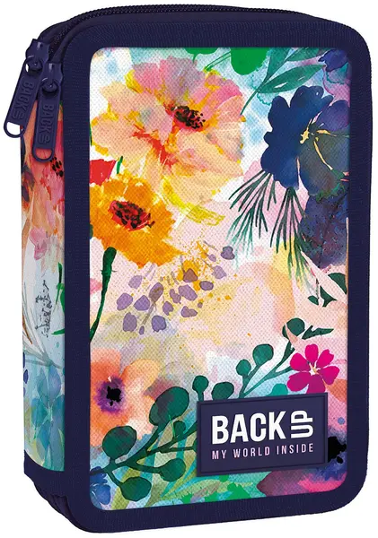 Penar cu instrumente de scris BackUp DW - Flowers, cu 2 fermoare