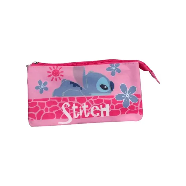 Penar roz, 3 compartimente interioare, inchidere cu fermoar, 21x12x3.5 cm, Stitch Engros