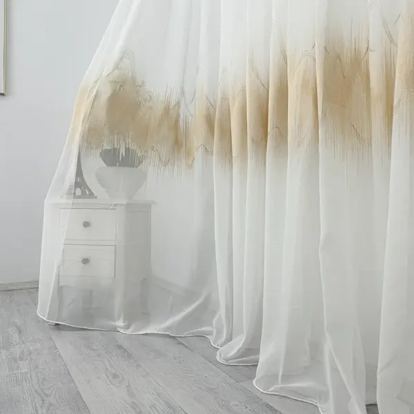 Perdea Harmony din Voal Brodat, Alb - Maro, 140cm latime x 260cm inaltime, cu rejansa pt bara