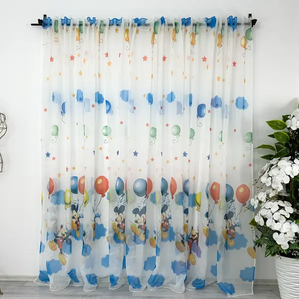 Perdea pentru Copii din Matase, Imprimata, model Mickey cu baloane, 140cm latime x 260cm inaltime, cu rejansa pt bara