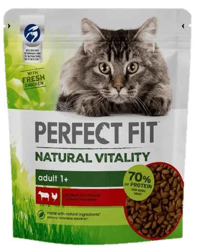 PERFECT FIT Natural Vitality 1+ hrana uscata pentru pisici adulte cu carne de vita si pui 650 g