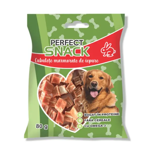 PERFECT SNACK Cubulete Marmorate, XS-XL, Iepure, punguță recompense fără cereale câini, 80g