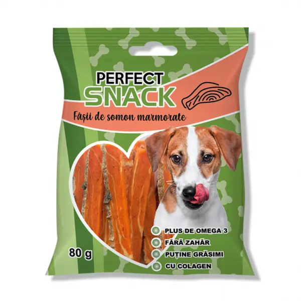 Perfect Snack, recompense delicioase pentru caini, FaE ii de somon marmorate, 80 g