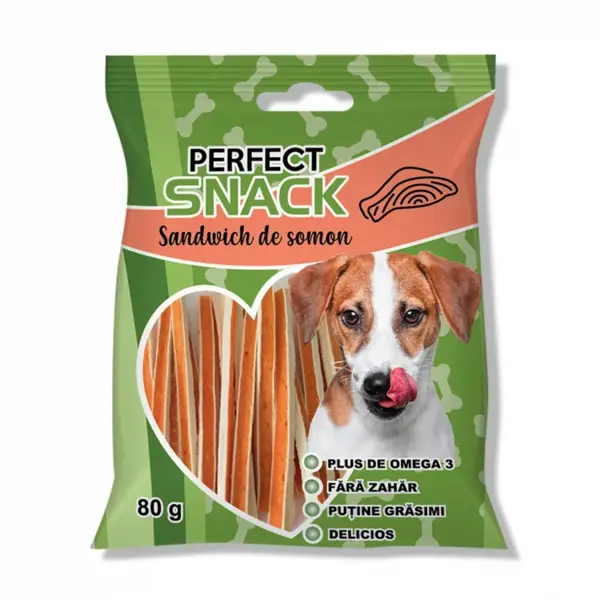 Perfect Snack, recompense delicioase pentru caini, Sandwich de somon, 80 g