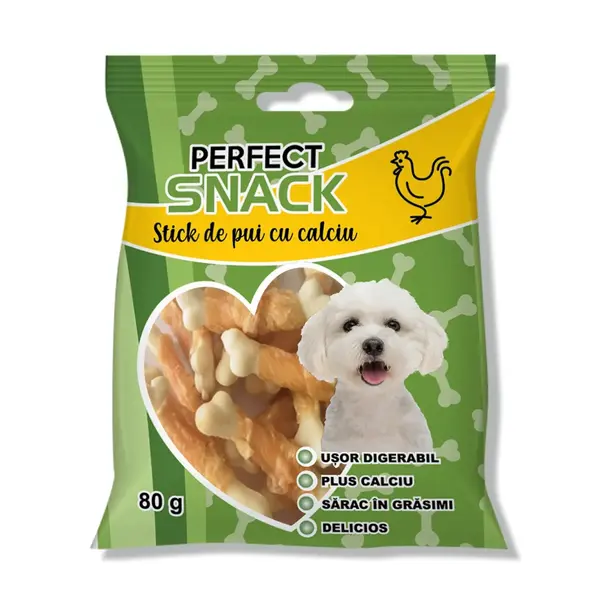 PERFECT SNACK Stick de Pui cu Calciu, XS-XL, Pui, punguță recompense câini, 80g