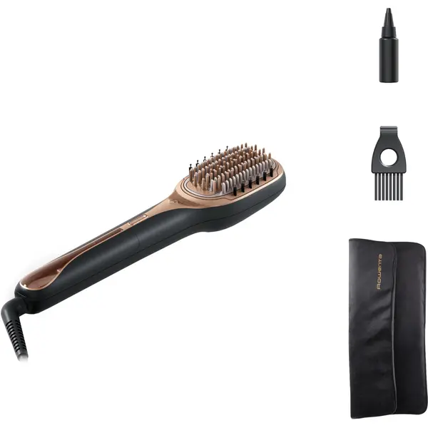 Perie de par reparatoare cu abur Rowenta Hair Therapist™ CF9940F0, 165 W, invelis Keratin, tehnologie Thermal Care, afisaj LED, oprire automata, geanta pentru transport, negru & maro
