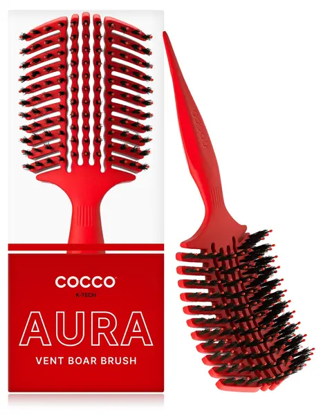 Perie profesională de păr Cocco - Aura Vent Boar Brush, cu păr natural, roșie