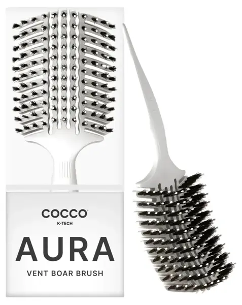 Perie profesională de păr Cocco - Aura Vent Boar Brush, cu păr natural, albă