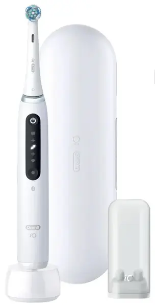 Periuta de dinti electrica Oral-B iO5 cu Tehnologie Magnetica si Micro-Vibratii, Inteligenta artificiala, Display conversational, Senzor de presiune Smart, 5 moduri, 1 capat, Trusa de calatorie (Alb)
