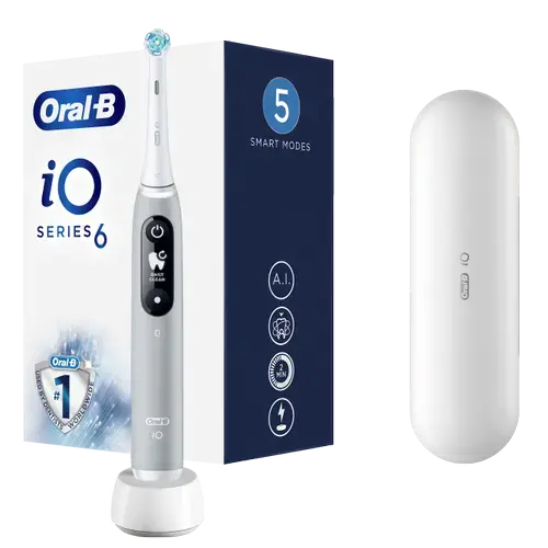 Periuta de dinti electrica Oral-B iO6 cu Tehnologie Magnetica si Micro-Vibratii, Inteligenta artificiala, Display led interactiv, Senzor de presiune Smart, Timer vizibil, 5 moduri, 1 capat, Trusa de calatorie, Gri