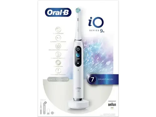 Periuta de dinti electrica Oral-B iO9, Tehnologie Magnetica, Micro-Vibratii, Inteligenta artificiala, Display led, Senzor de presiune Smart, Timer, 7 moduri, 1 capat, Suport rezerve, Incarcator magnetic, Trusa de calatorie cu incarcator (Alb)