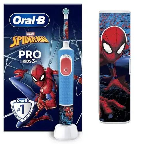 Periuta de dinti electrica Oral-B Pro Kids Spiderman pentru copii, Curatare 2D, 2 programe, 1 capat, 4 autocolante, trusa de calatorie (Albastru)