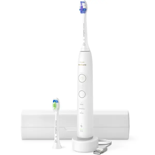 Periuta de dinti electrica Philips Sonicare 6500 HX7410/02, 62000 miscari/min, 3 moduri, 3 intensitati, Aplicatie smartphone, Alerta presiune, Memento BrushSync, 2 capete, Alb