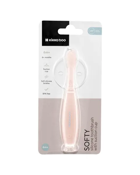 Periuta de dinti pentru bebelusi KikkaBoo Softy Pink din silicon,recomandata de la 6 luni, cu ventuza pentru fixare pe chiuveta,Fara BPA