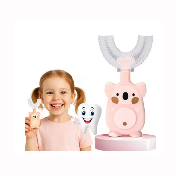 Periuta de dinti sonica U Shape, pentru copii 2-6 ani, design tip urs, cap silicon 360, fara BPA, etui, Roz