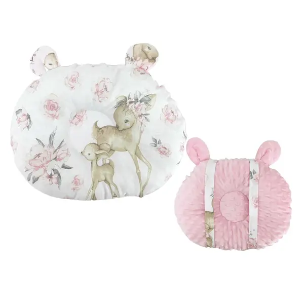 Perna bebelusi, MimiNu, Ursulet, Multifunctionala, Cu doua fete, Tesatura pufoasa minky si bumbac, Materiale certificate Oeko Tex Standard 100, Minky Pink/ Sweet Deer Pink