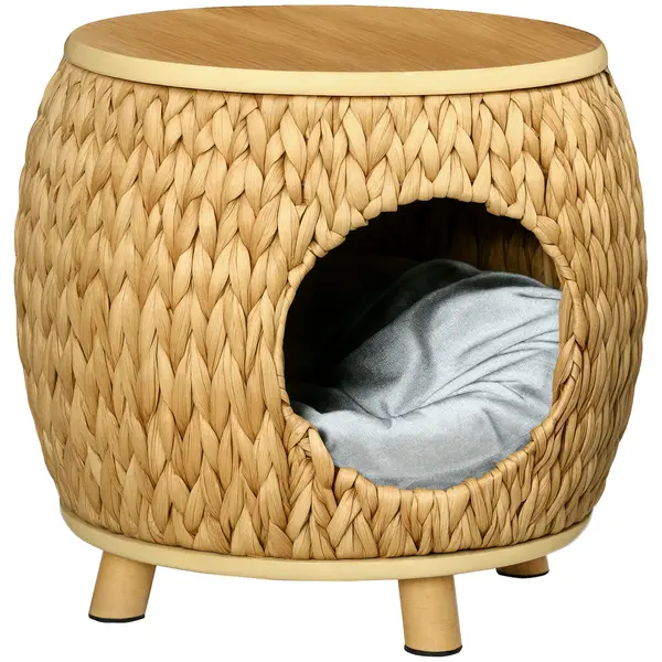 Peșteră pentru pisici Pawhut din Iarbă de Apă, Pernă lavabilă, 44 cm x 43 cm x 42 cm Maro deschis + Lemn natural + Gri | Aosom Romania