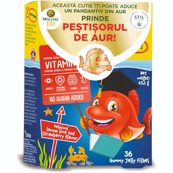 Pestisori gumati cu Omega-3 aroma de lamaie verde si capsuni, 36 jeleuri, Moller's