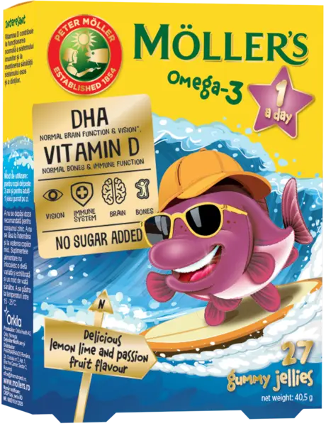 Pestisori gumati Omega 3 cu lemon lime si fructul pasiunii, 27 jeleuri, Moller's