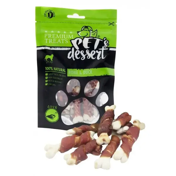 PET'S DESSERT Bone & Duck, XS-XL, Rață, punguță recompense fără cereale câini, 500g