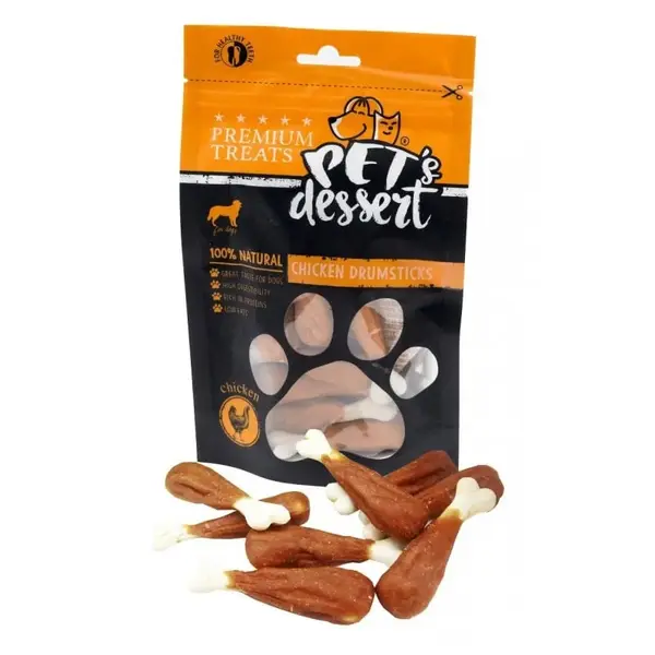 PET'S DESSERT Drumsticks, XS-XL, Pui, punguță recompense fără cereale câini, 80g