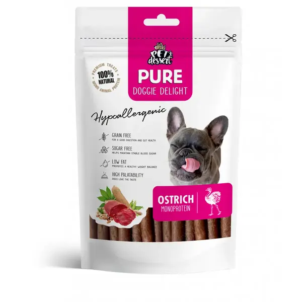 PET'S DESSERT Pure Doggie Delight Hypoallergenic, XS-XL, Struț, punguță recompense monoproteice fără cereale câini, alergii, 80g
