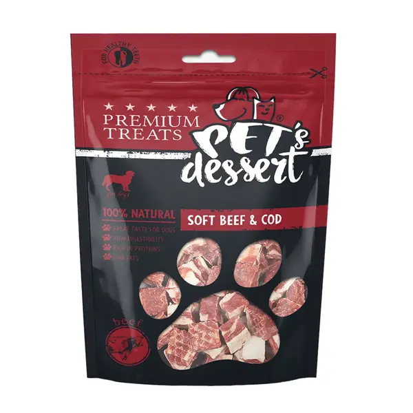 PET'S DESSERT Soft, XS-XL, Vită și Cod, punguță recompense fără cereale câini, 80g